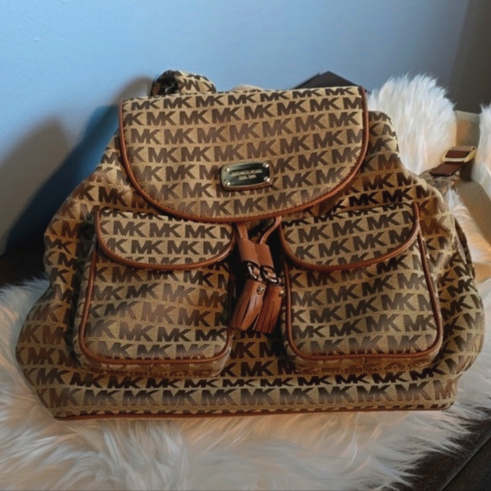 Michael Kors Brown Logo Print Canvas Backpack with Tan Trim